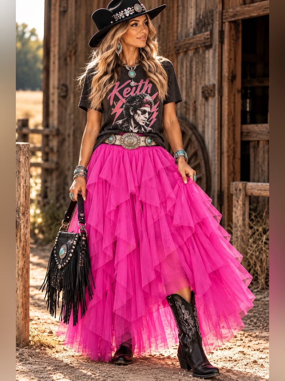 Easel Fuchsia Pink Tiered Tulle Maxi Skirt Size Small Western Glam